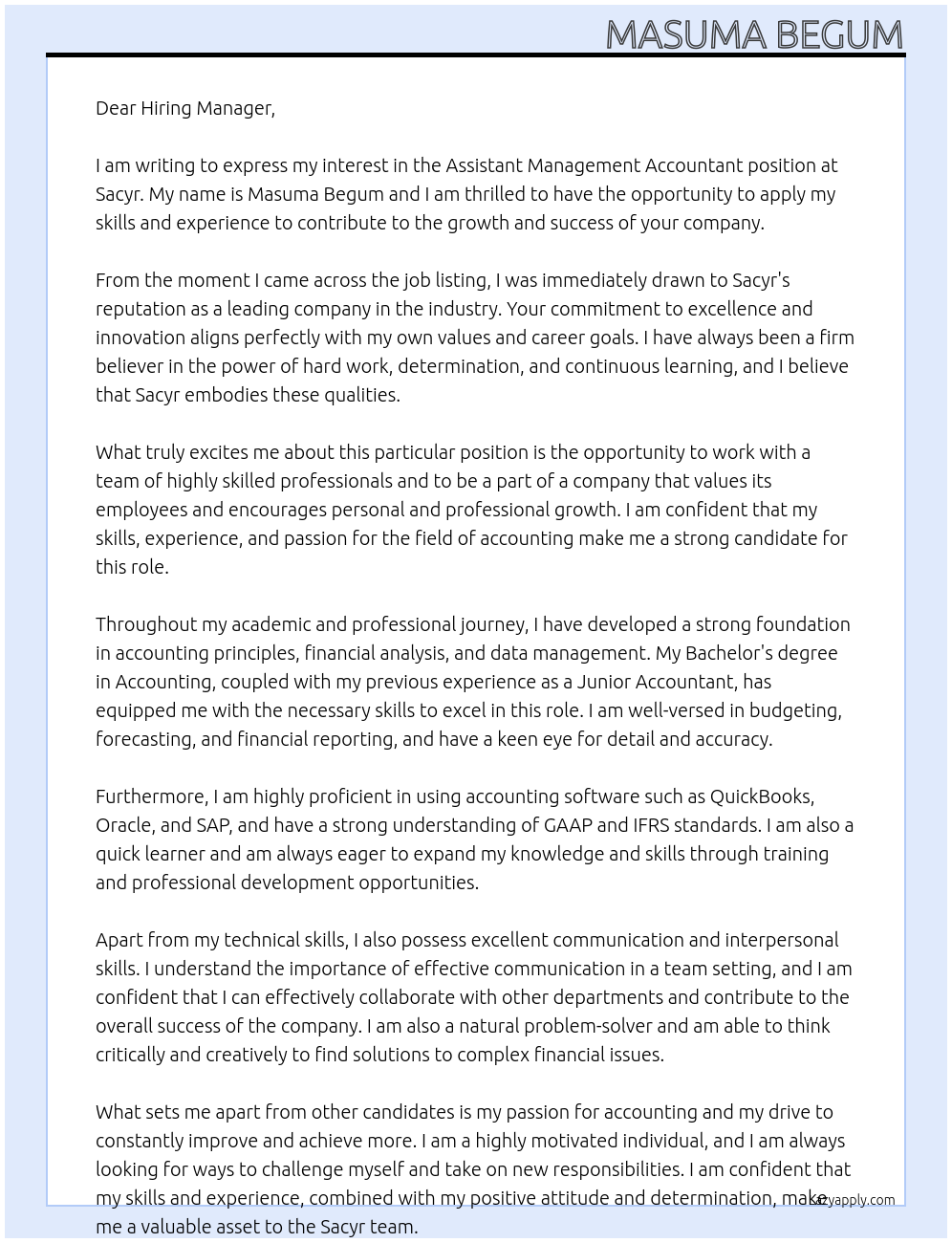 Assistant Management accountant At Sacyr Cover Letter