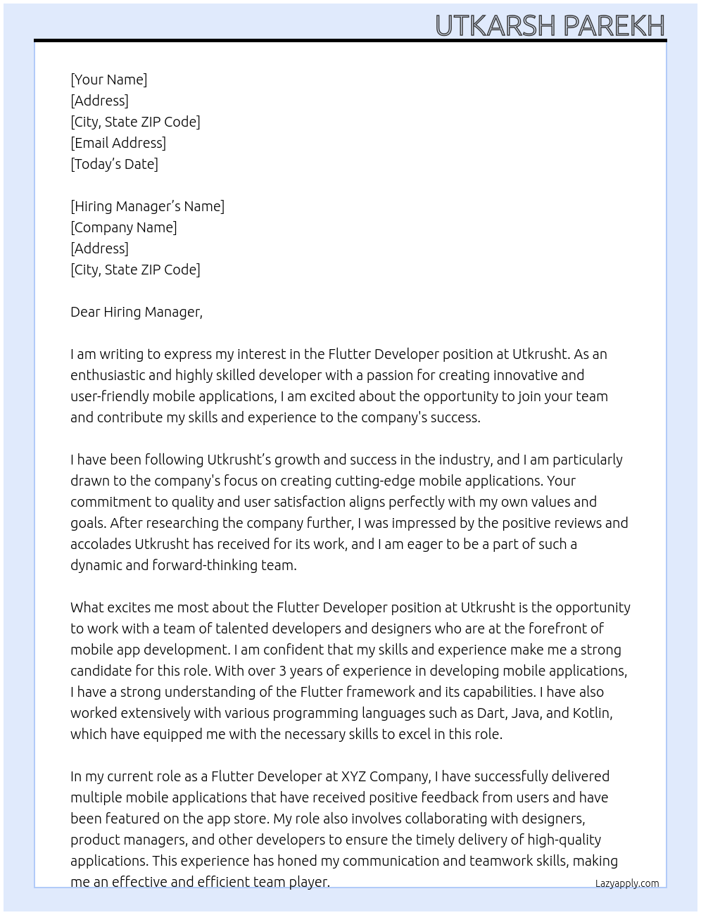 Flutter Developer At Utkrusht Cover Letter