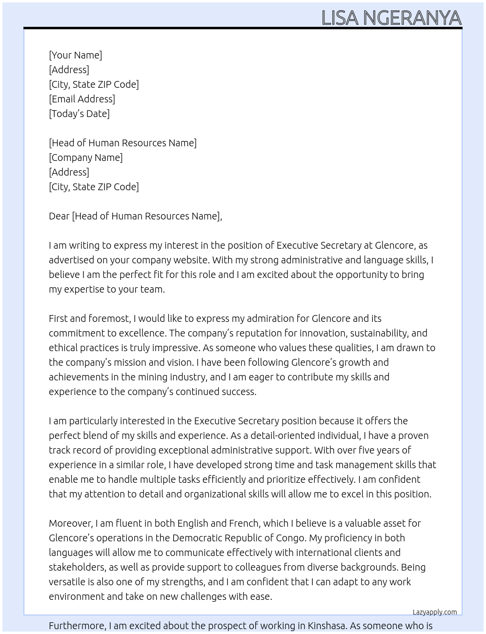 Executive Secretary At Glencore Cover Letter