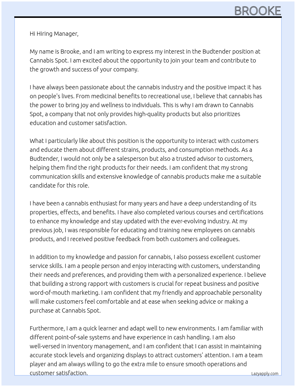 Budtender At Cannabis Spot Cover Letter