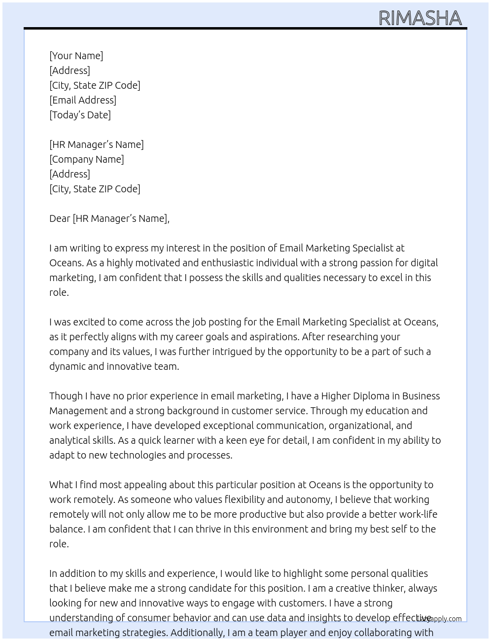email marketing specialist  At oceans Cover Letter