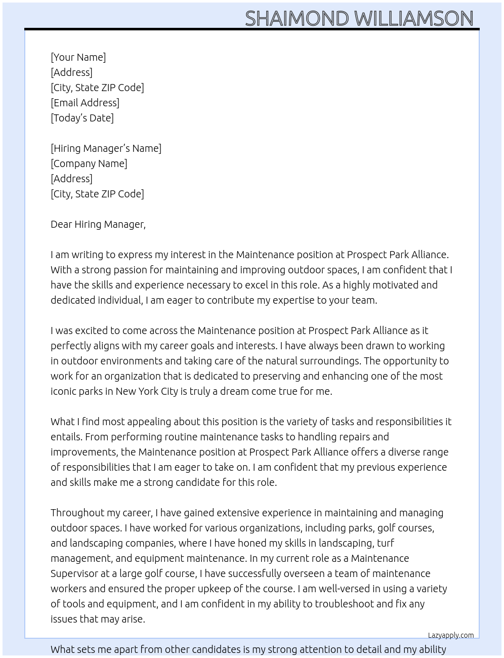 Maintenance  At Prospect park alliance  Cover Letter