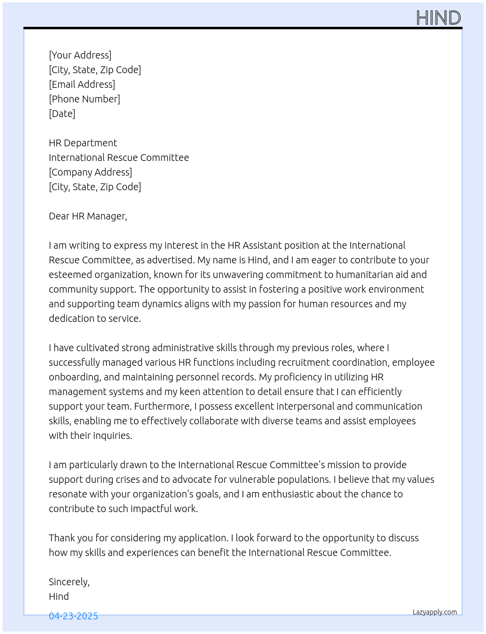 HR Assistant At International Rescue Committee Cover Letter