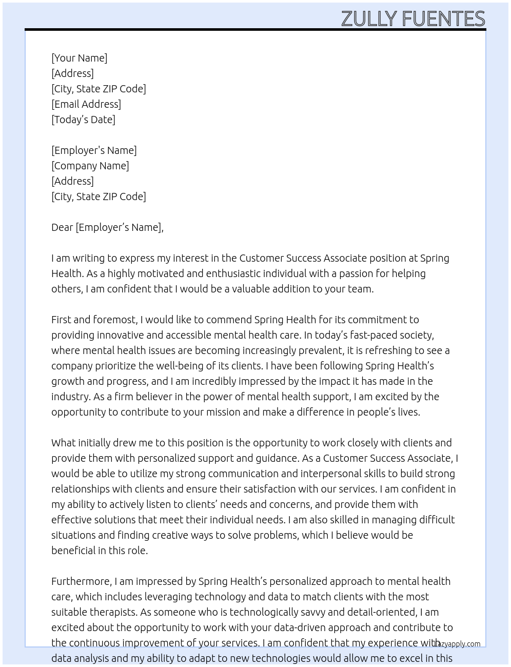 Customer Success Associate  At Spring Health Cover Letter