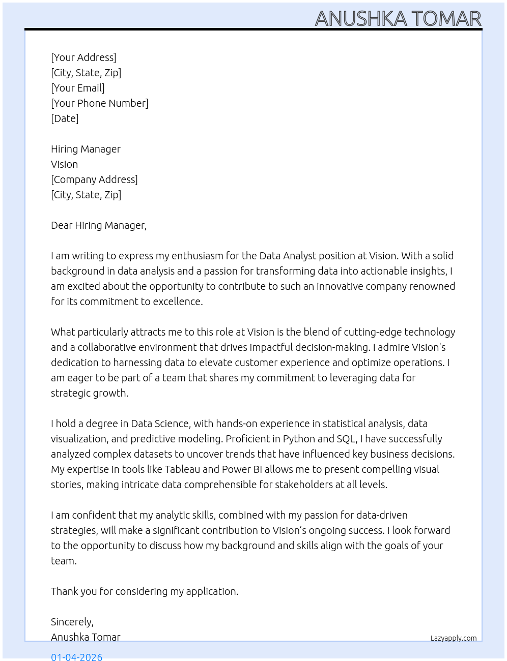 Data analyst At Vision Cover Letter