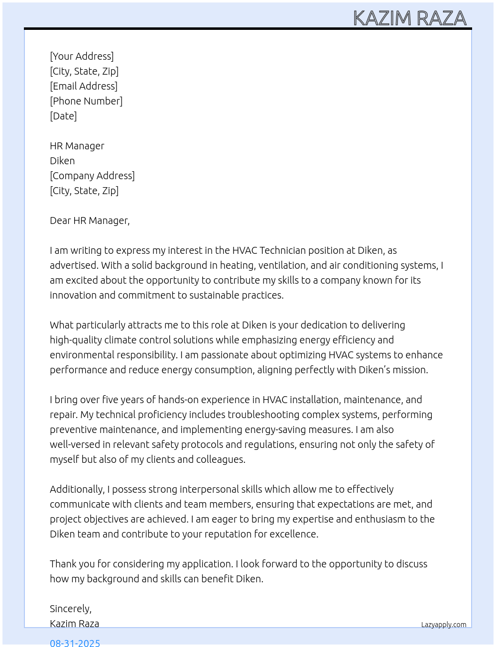 HVAC Technician At Diken Cover Letter