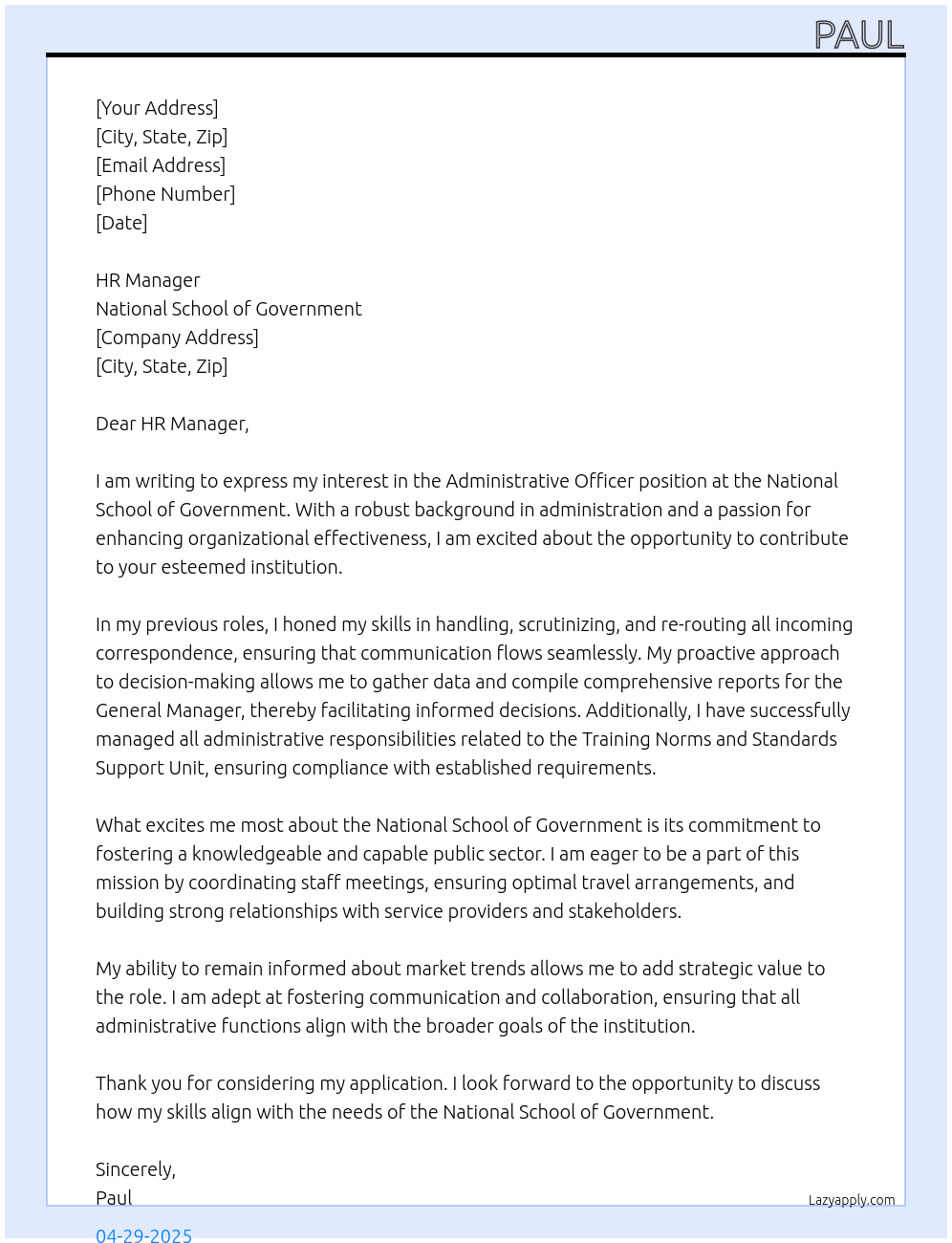 Administrative Officer At National School of Government Cover Letter