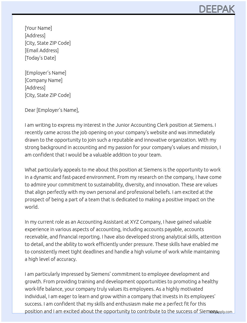 Junior Accounting Clerk At Siemens Cover Letter