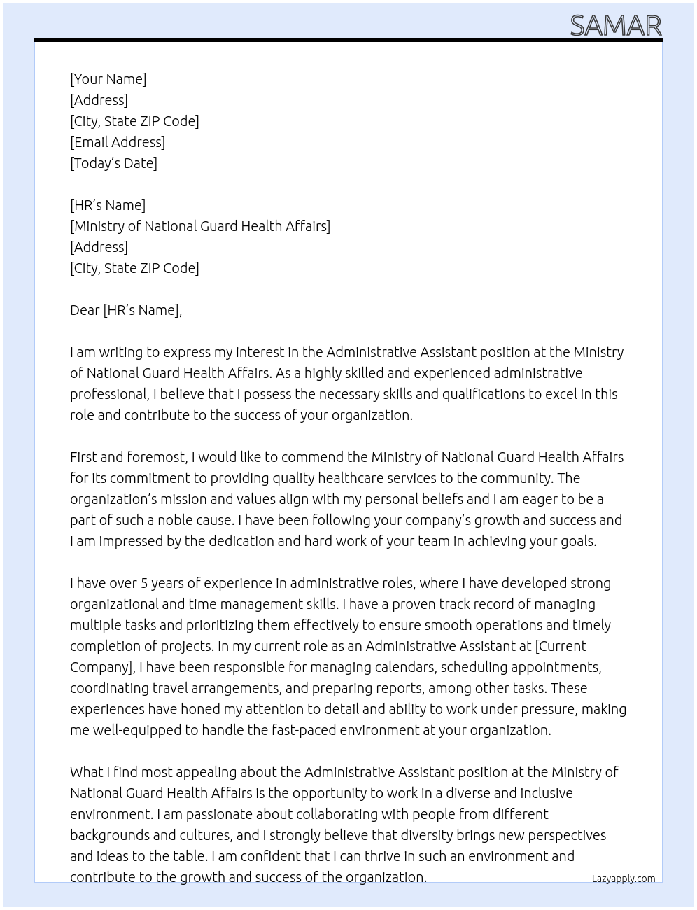 adminstrative assistant At Ministry of National Guard Health Affairs Cover Letter
