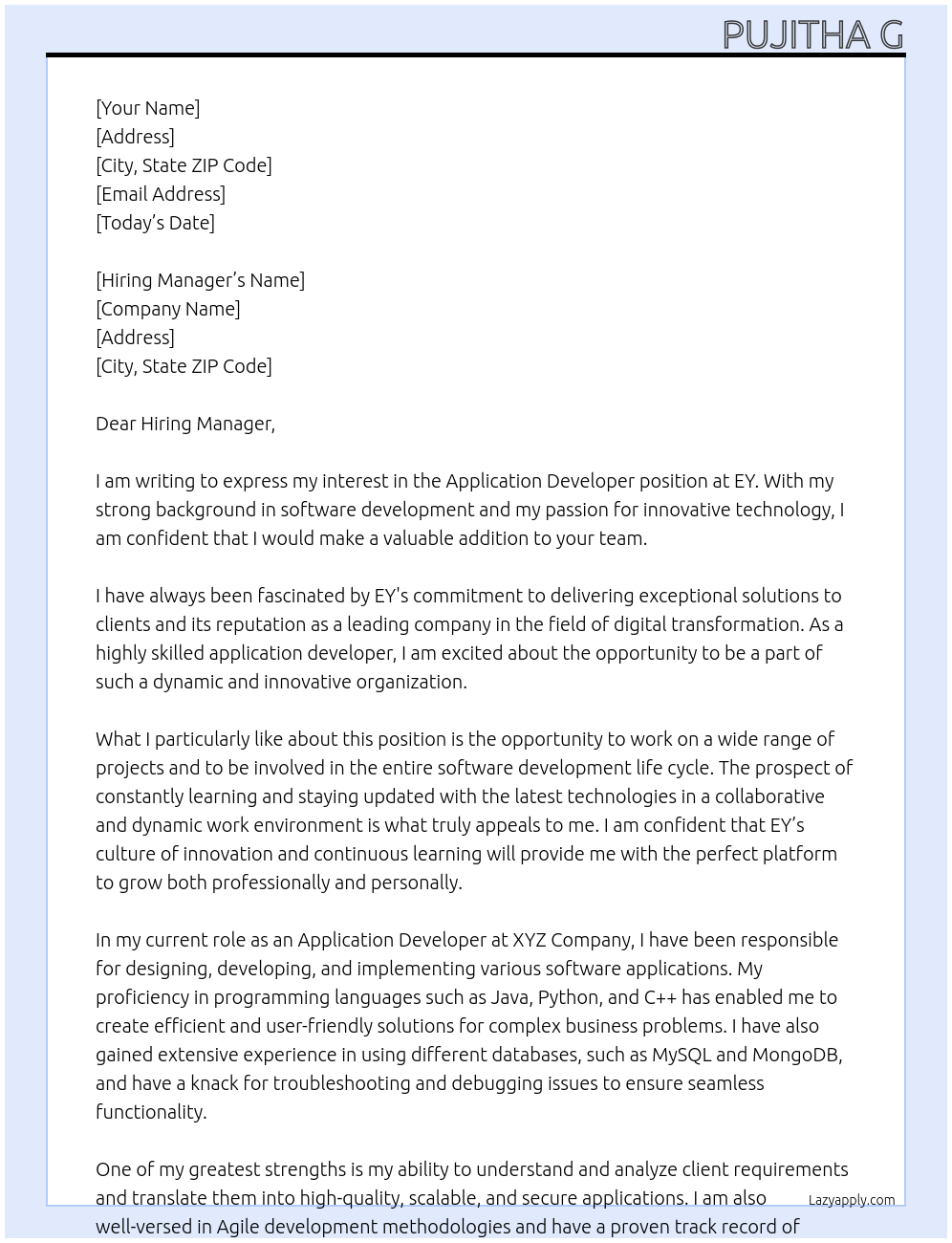Application Developer At EY Cover Letter