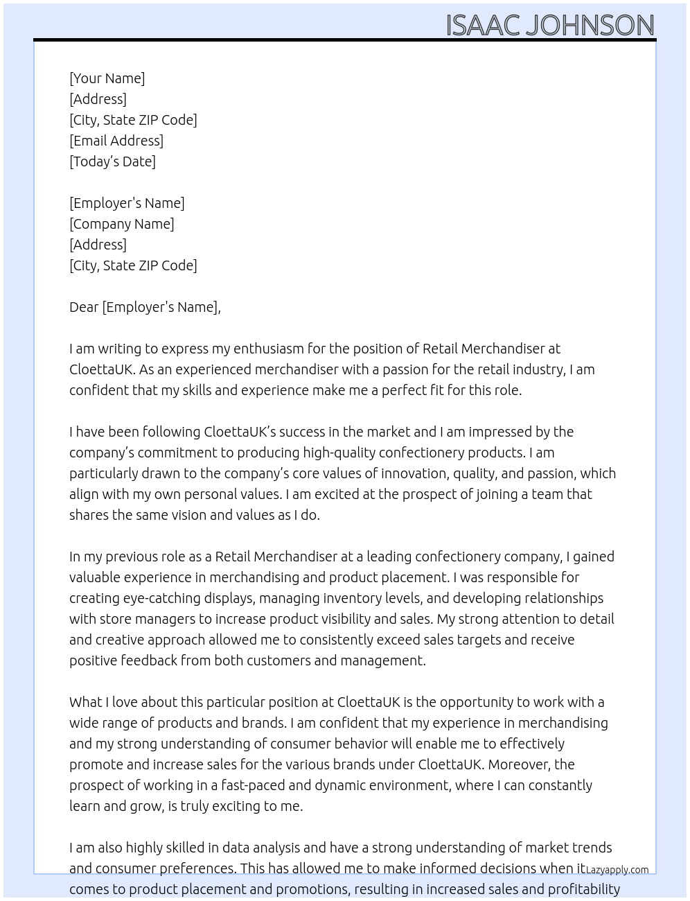 Retail merchandiser At CloettaUK Cover Letter