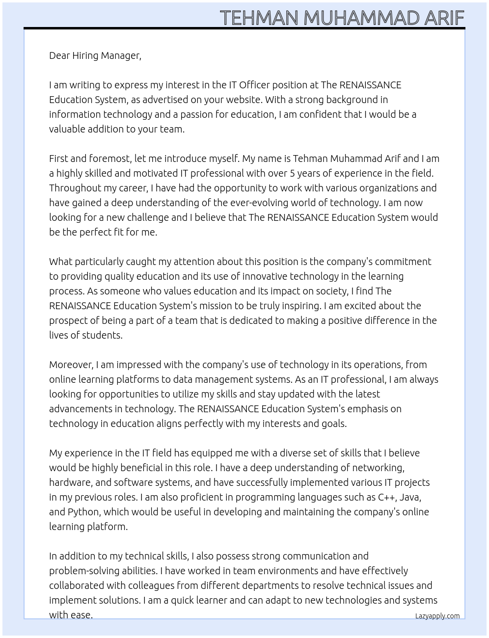 IT Officer At The RENAISSANCE Education System Cover Letter