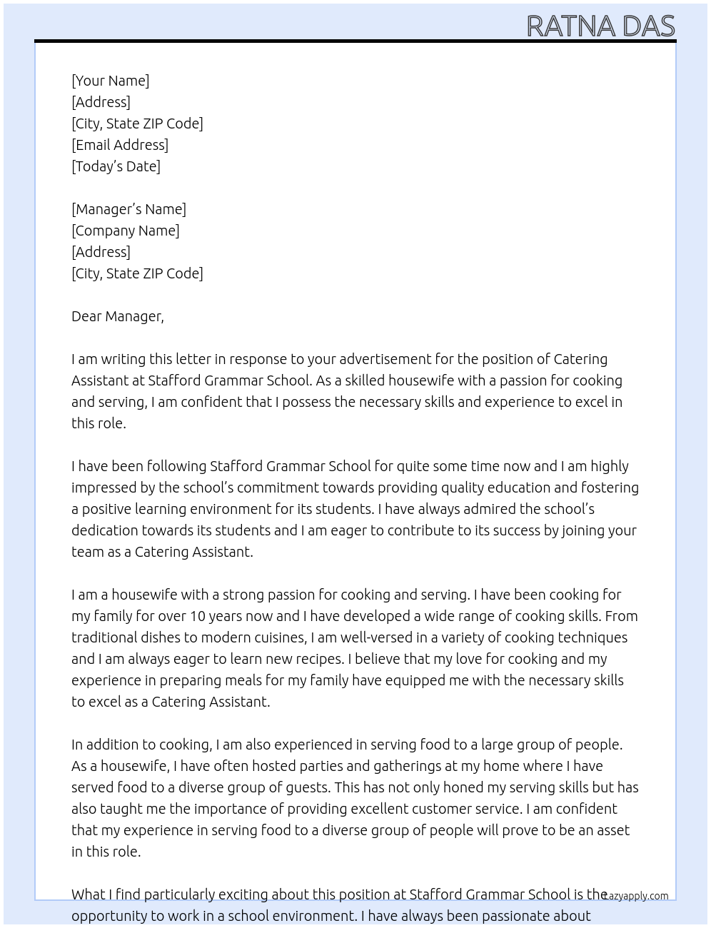 Catering Assistant At Stafford Grammar School Cover Letter