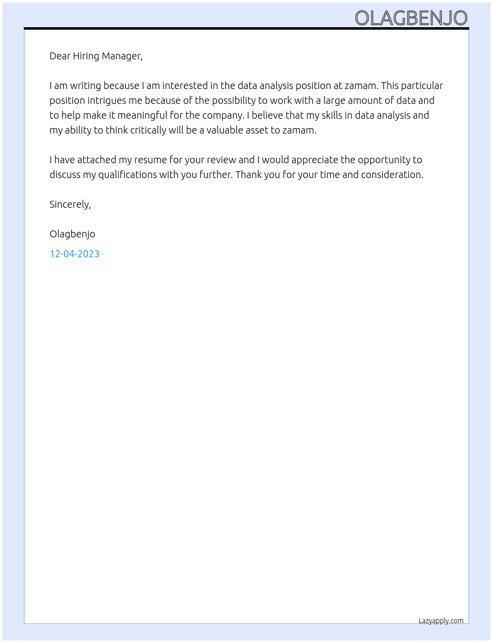 data analysis At zamam Cover Letter