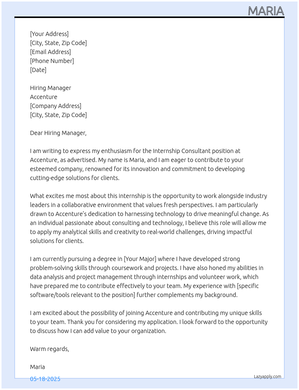 intrenship consultant At Accenture Cover Letter