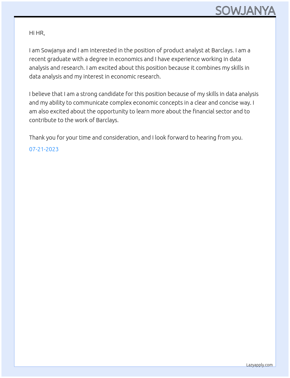 Product analyst At Barclays Cover Letter