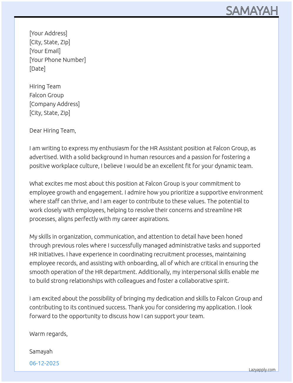 Hr assistant At Falcon Group Cover Letter