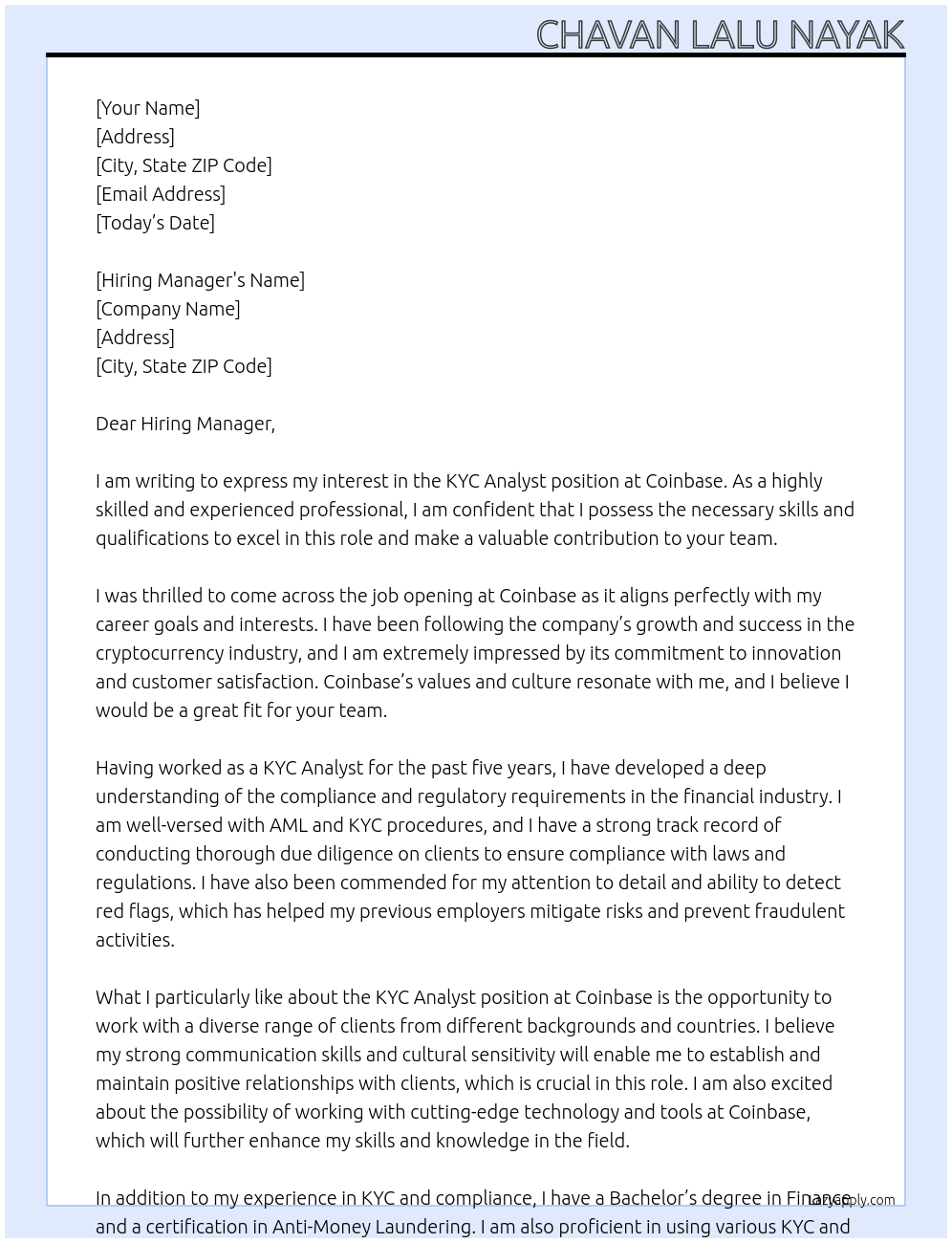 KYC analyst At Coinbase Cover Letter