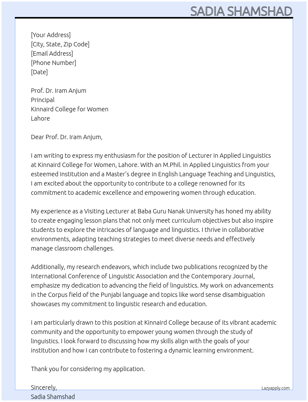 Cover letter for lecturer in applied linguistics - LazyApply
