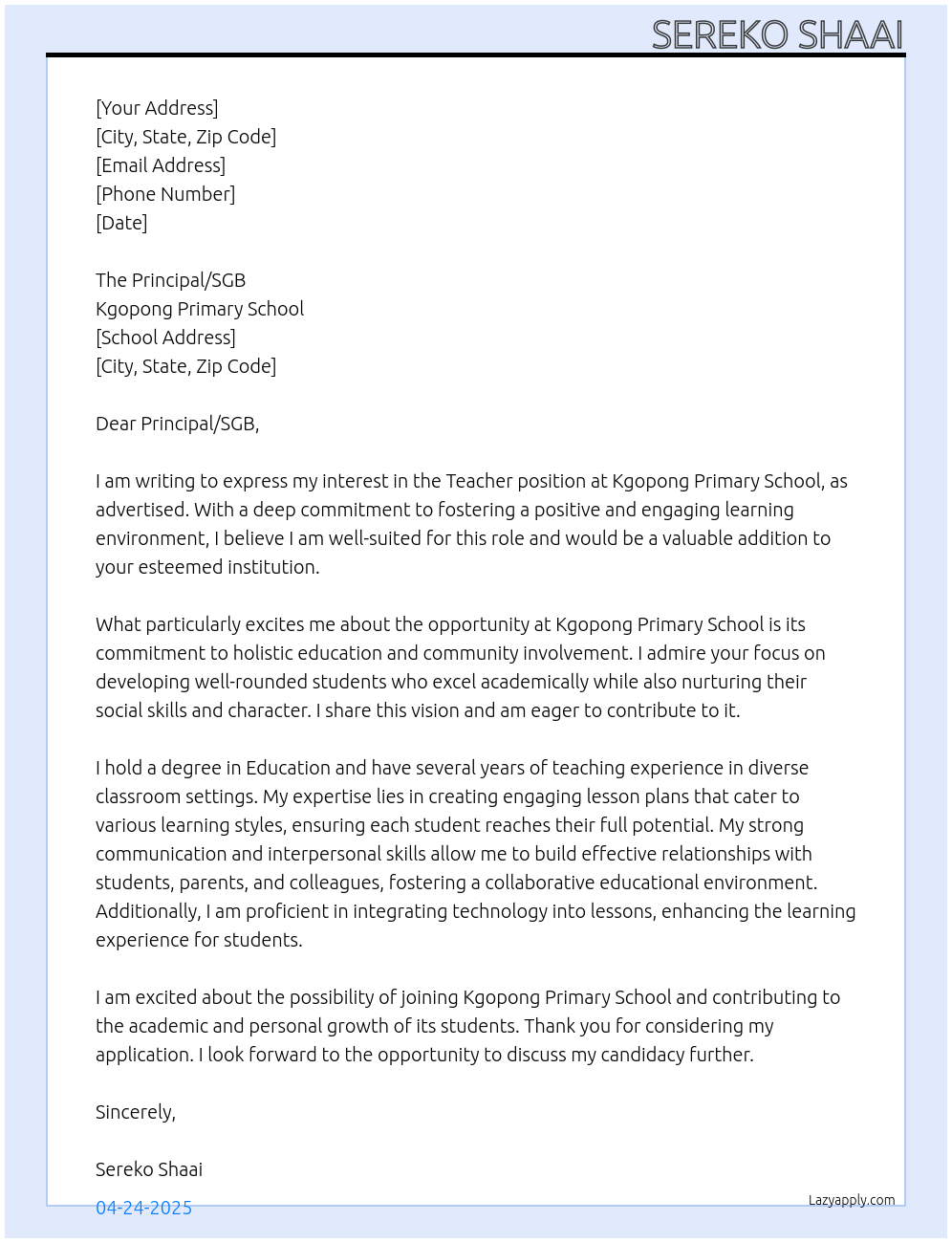 Teacher At Kgopong Primary School Cover Letter