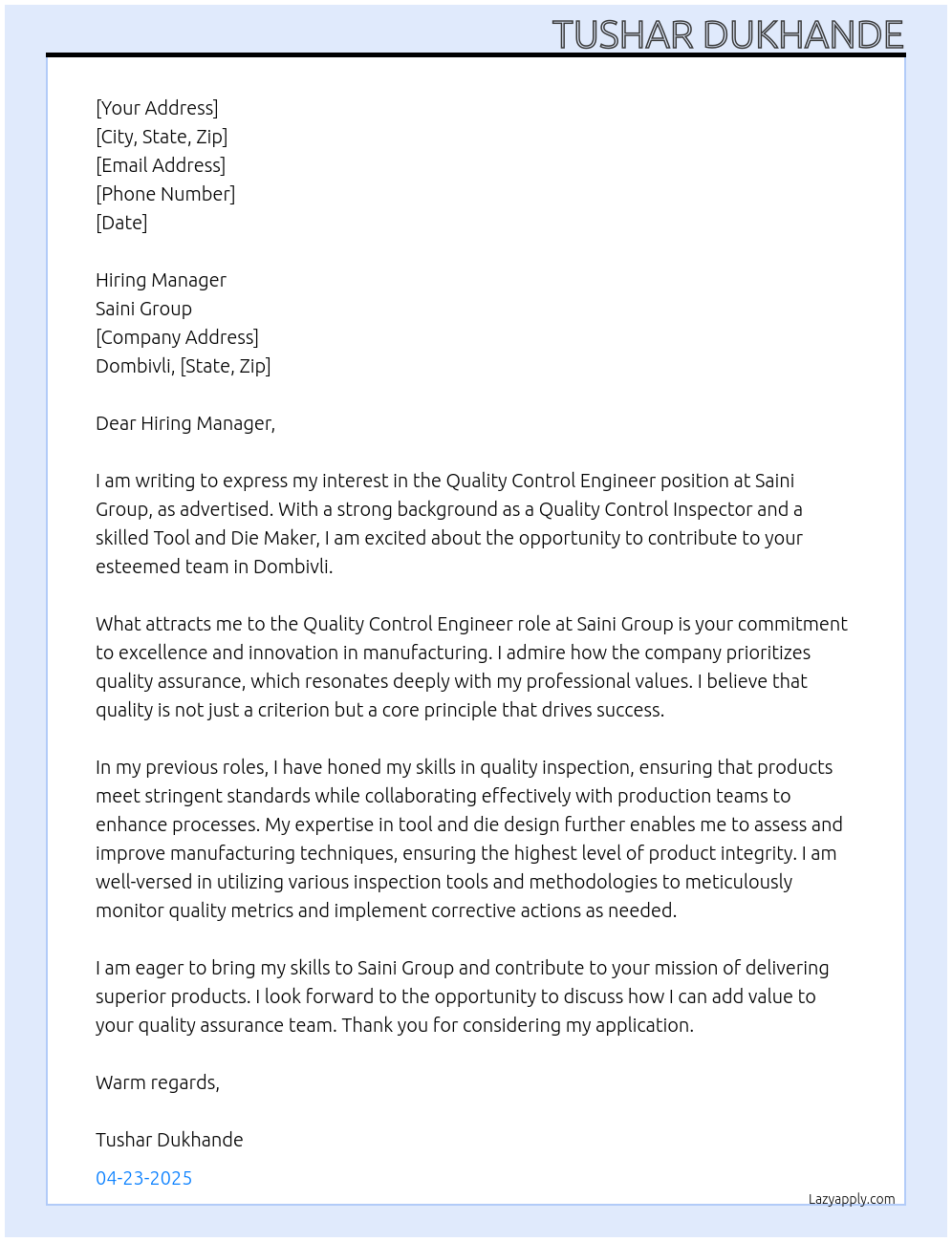 Quality control engineer At Saini group Cover Letter