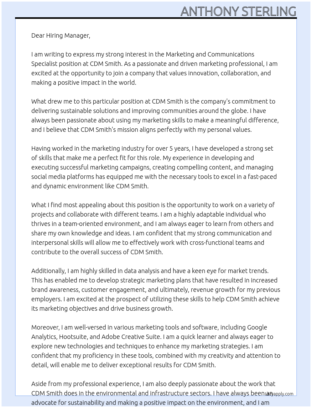 Marketing and Communications Specialist At CDM Smith Cover Letter