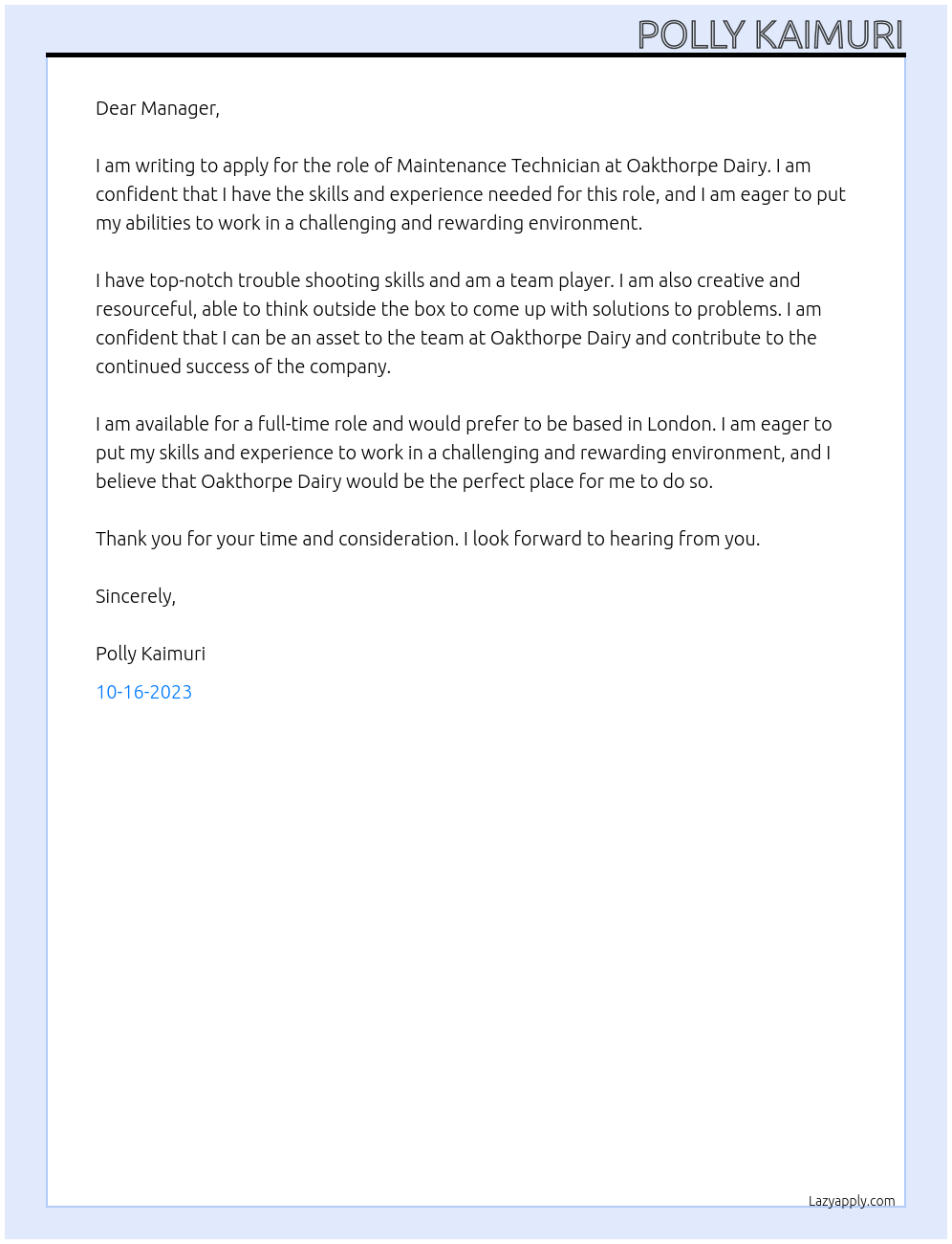Maintenance technician At Oakthorpe dairy Cover Letter