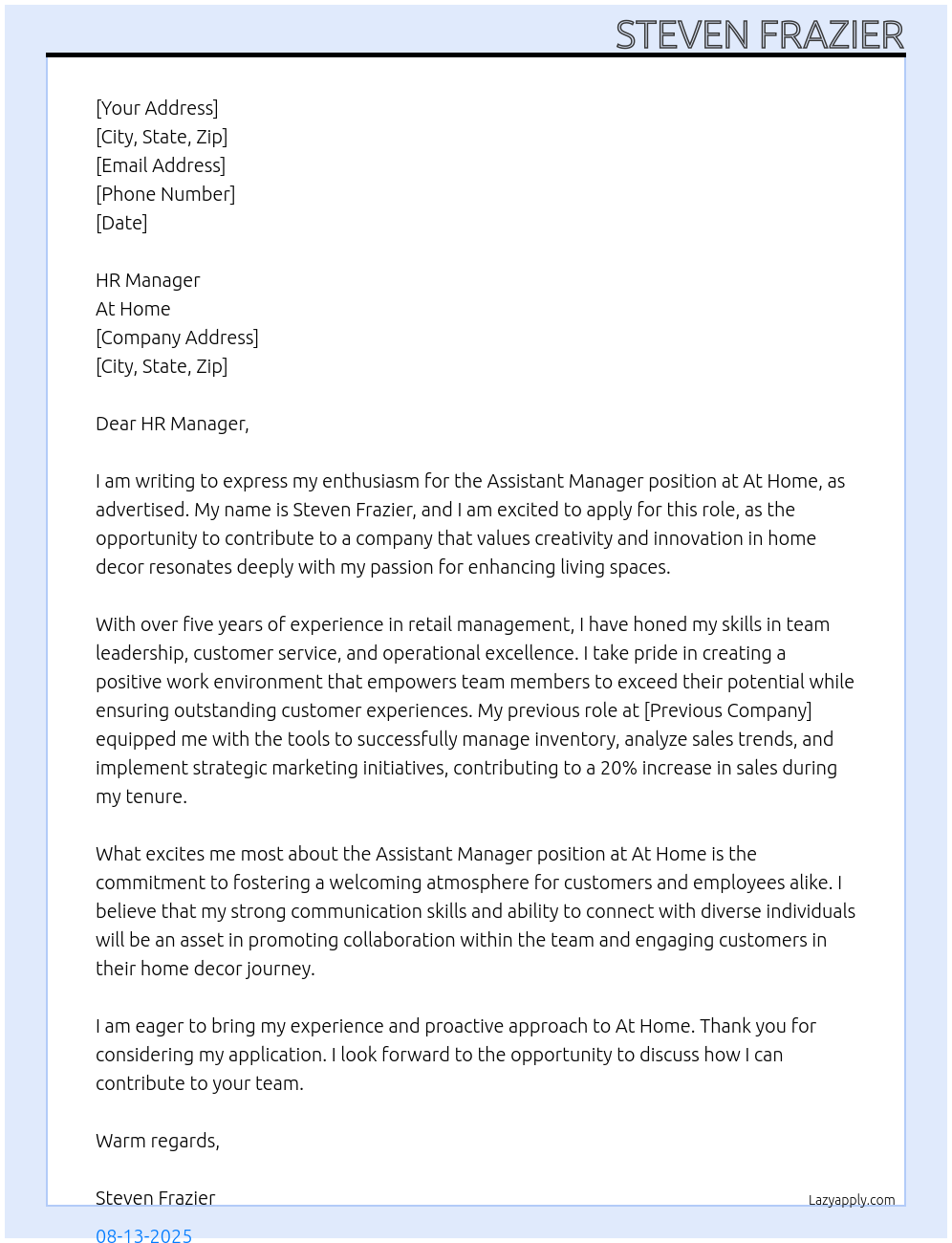 Assistant Manager At At Home Cover Letter
