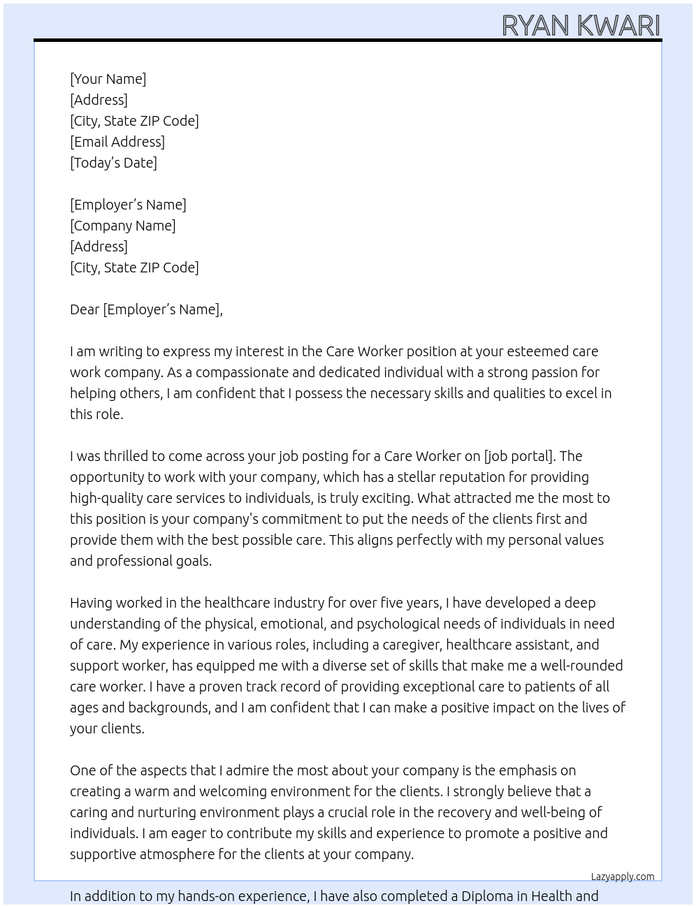 Care worker  At care work company Cover Letter