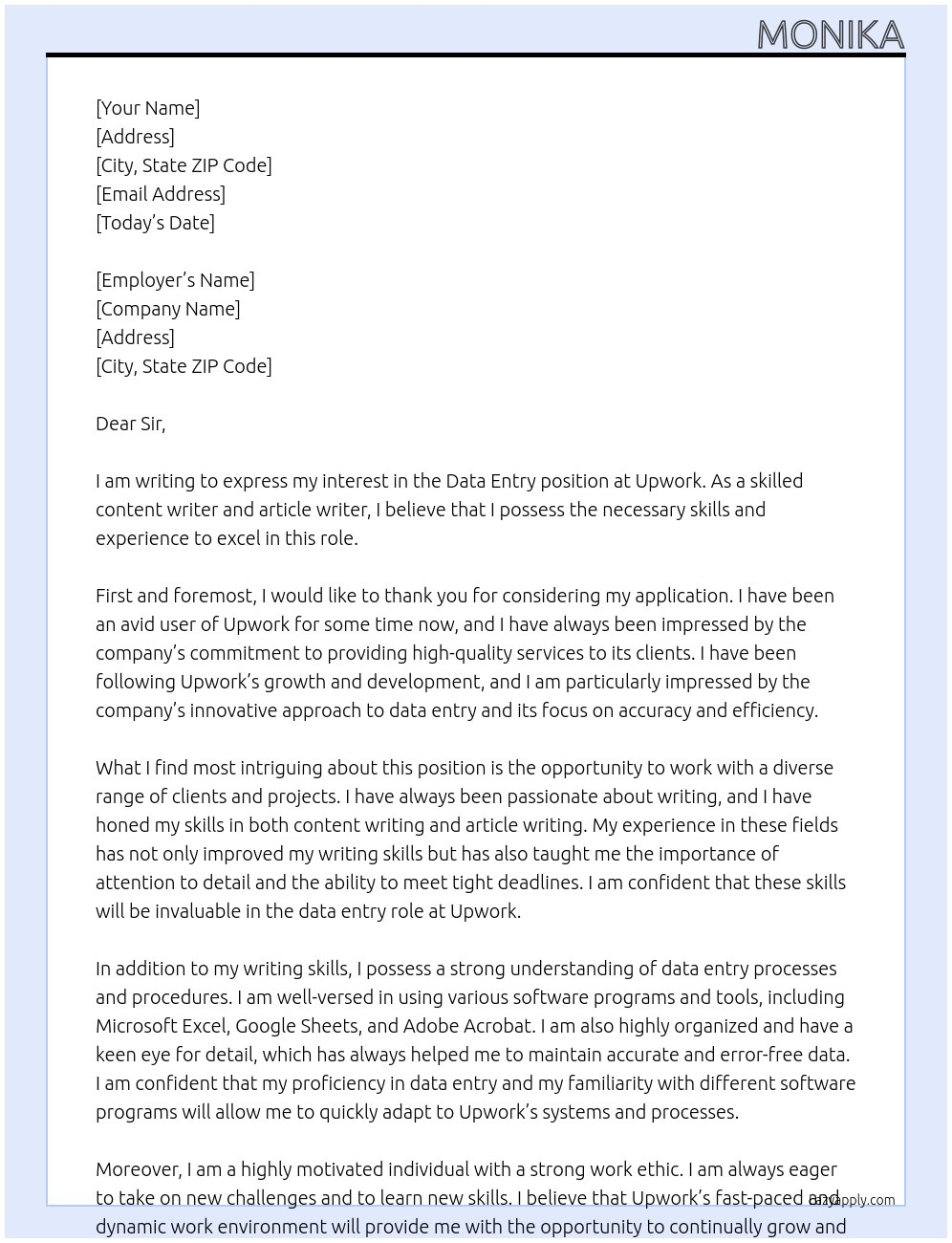 data entry job At Upwork Cover Letter