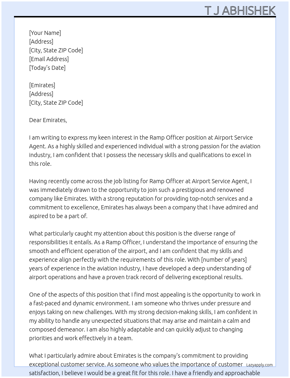 Ramp officer At Airport service agent Cover Letter