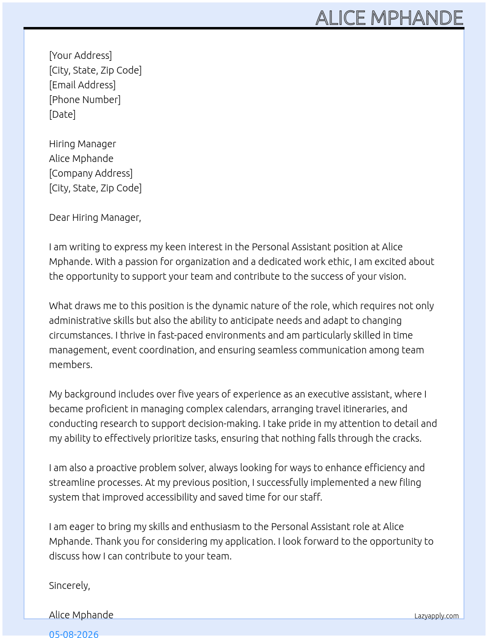 Cover letter for personal assistant - LazyApply