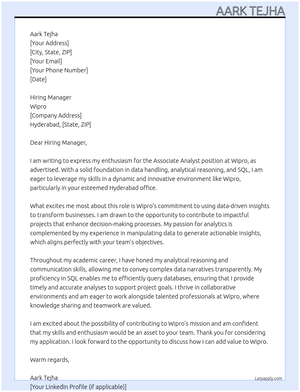 Associate Analyst At Wipro Cover Letter