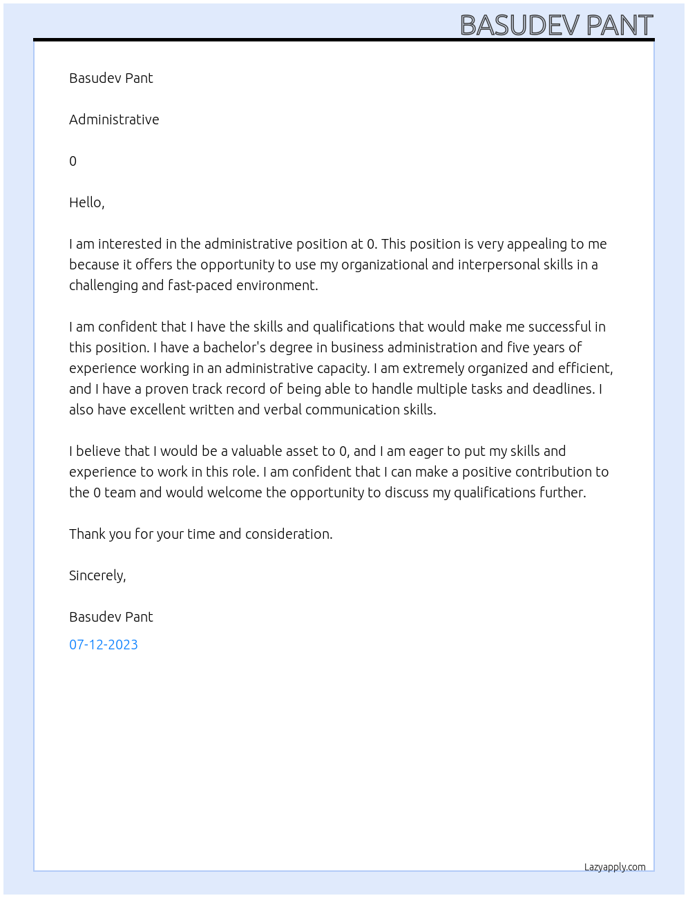 administrative  At 0 Cover Letter