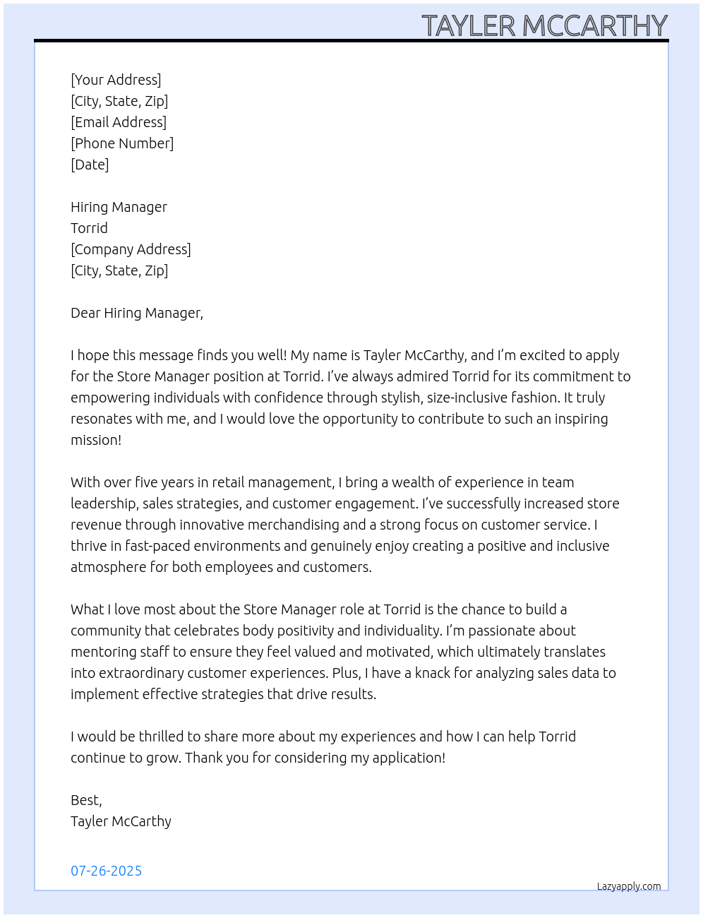 Store Manager At Torrid Cover Letter