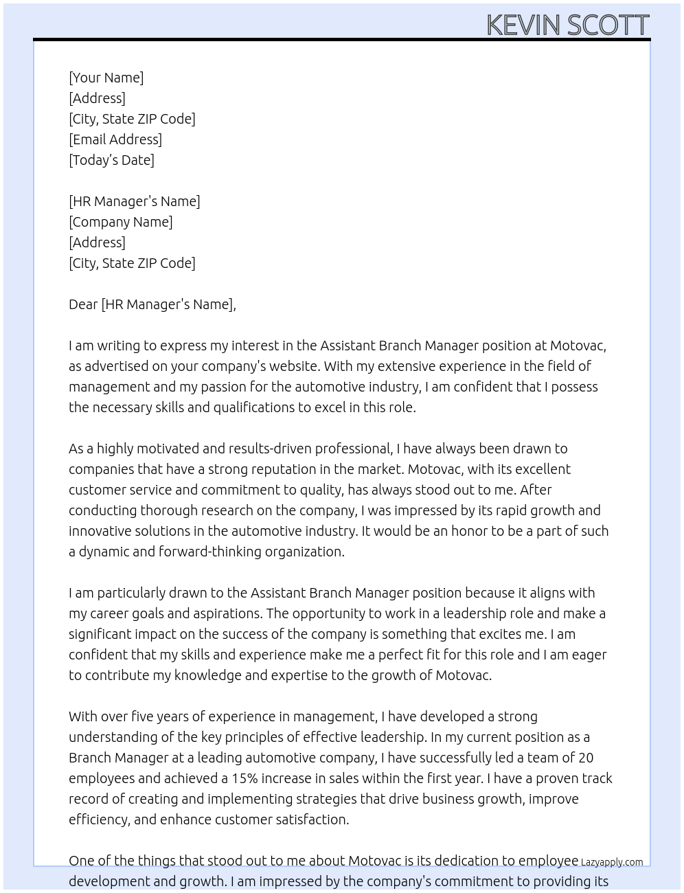 assistant branch manager At Motovac Cover Letter