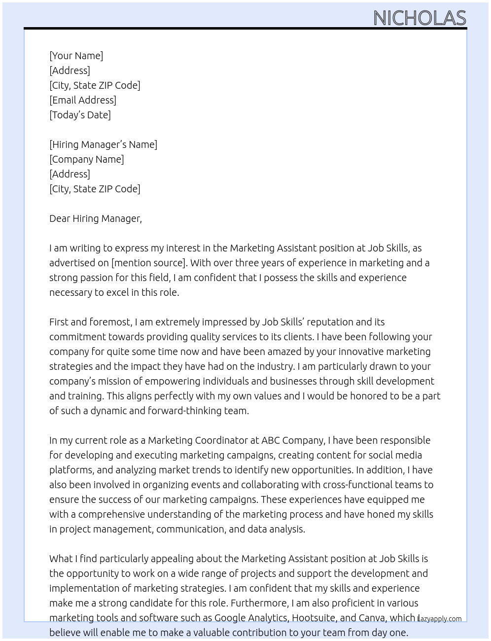 Marketing assistant At Job Skills Cover Letter