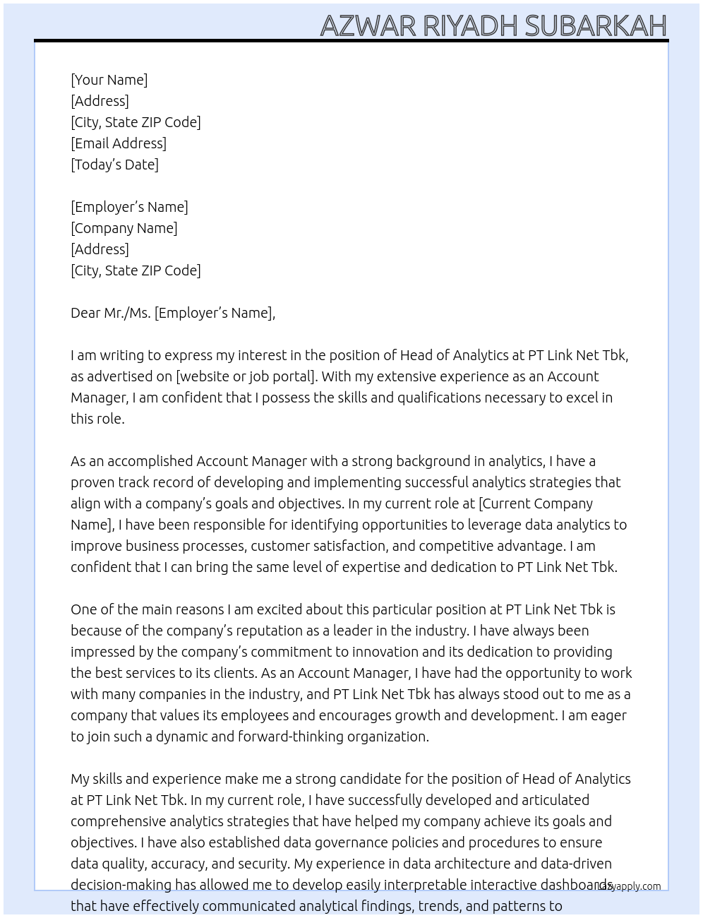 Head of Analytics At PT Link Net Tbk Cover Letter