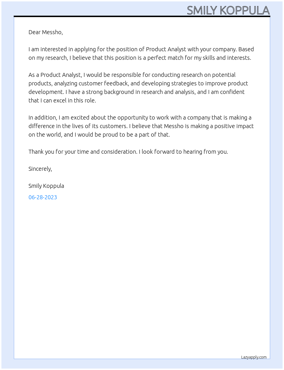 Product Analyst At Messho Cover Letter