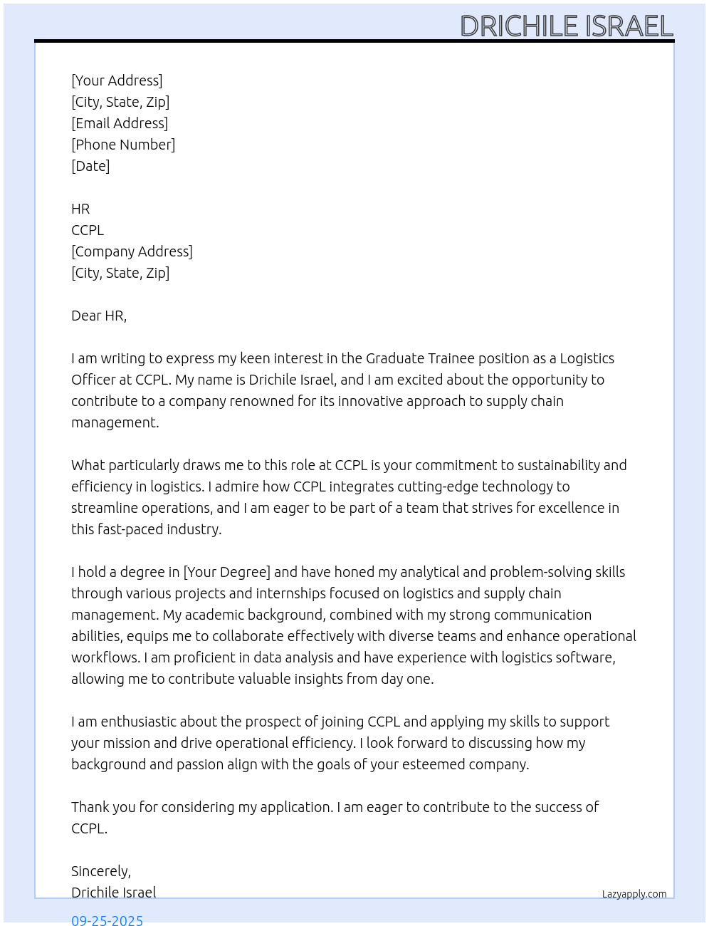 Graduate trainee as logistic officer At CCPL Cover Letter