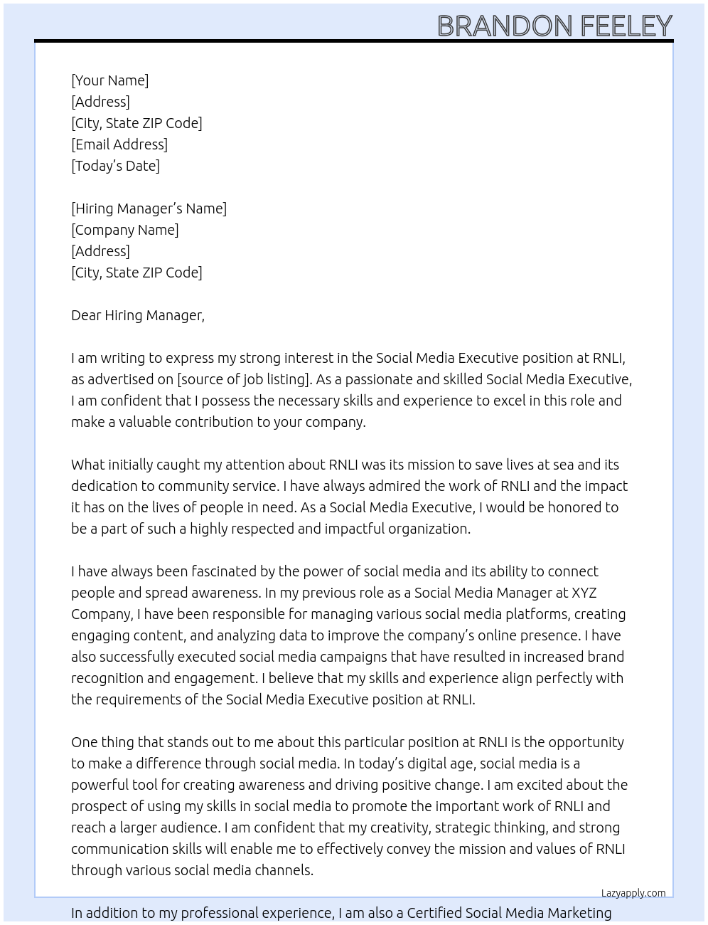 Social Media Executive At RNLI Cover Letter