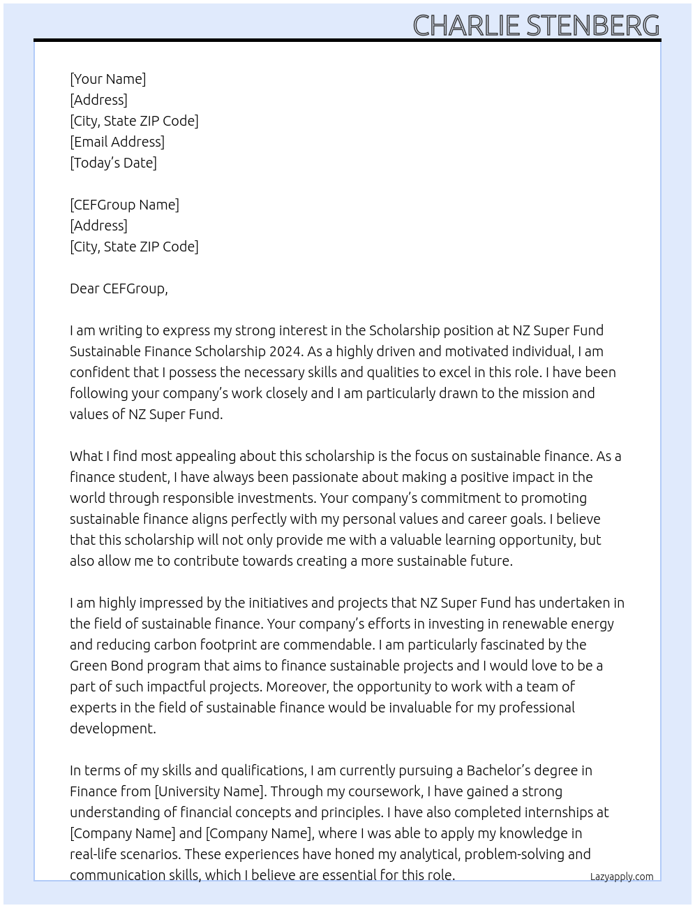 Scholarship At NZ Super Fund Sustainable Finance Scholarship 2024 Cover Letter