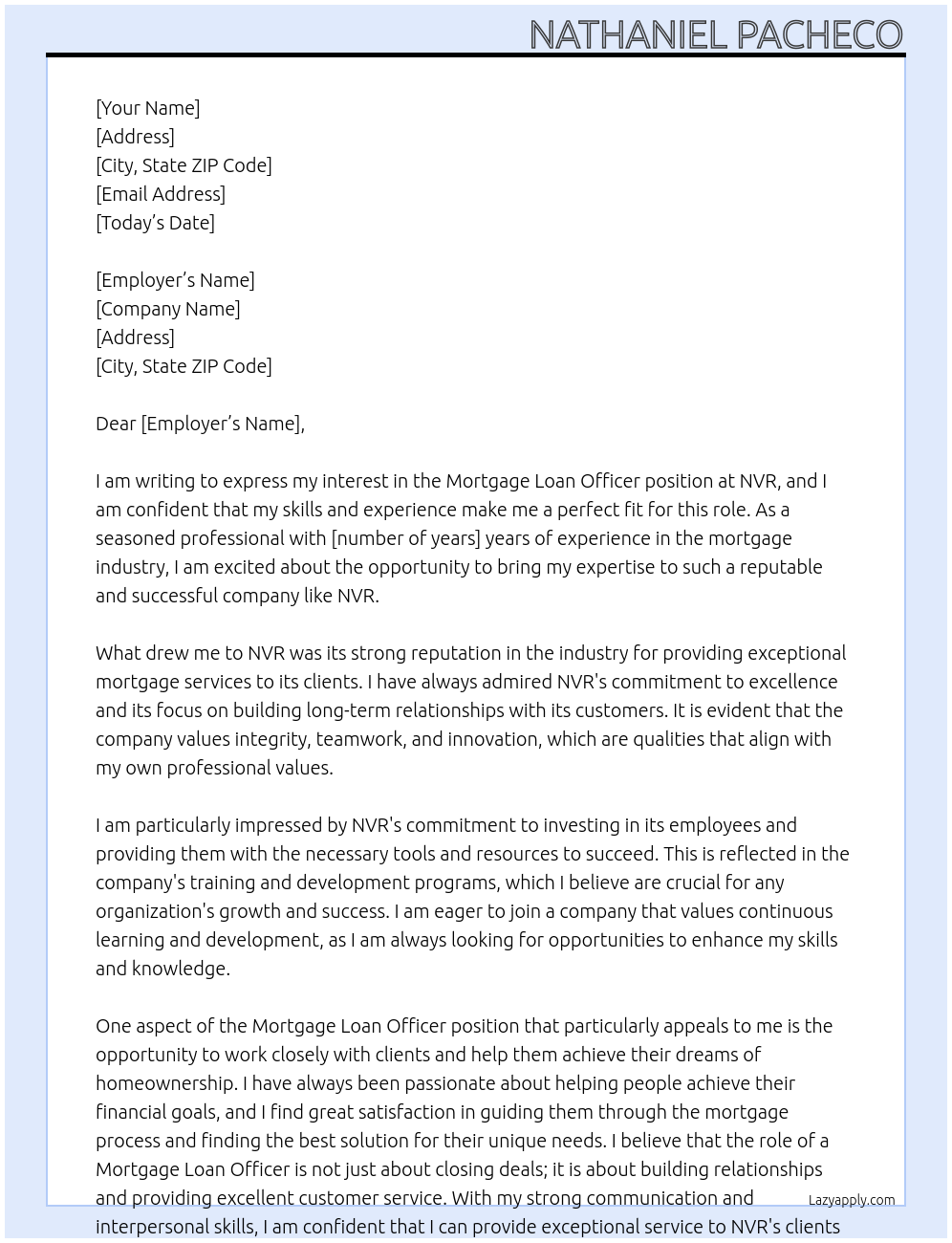 Mortgage Loan Officer At NVR Cover Letter