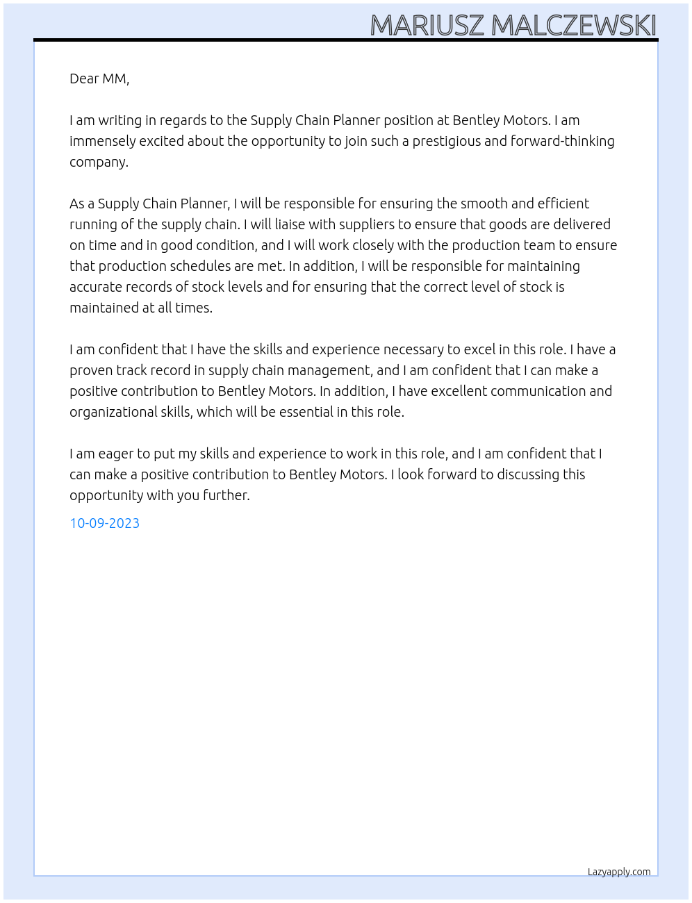 Supply Chain Planner At Bentley Motors Cover Letter