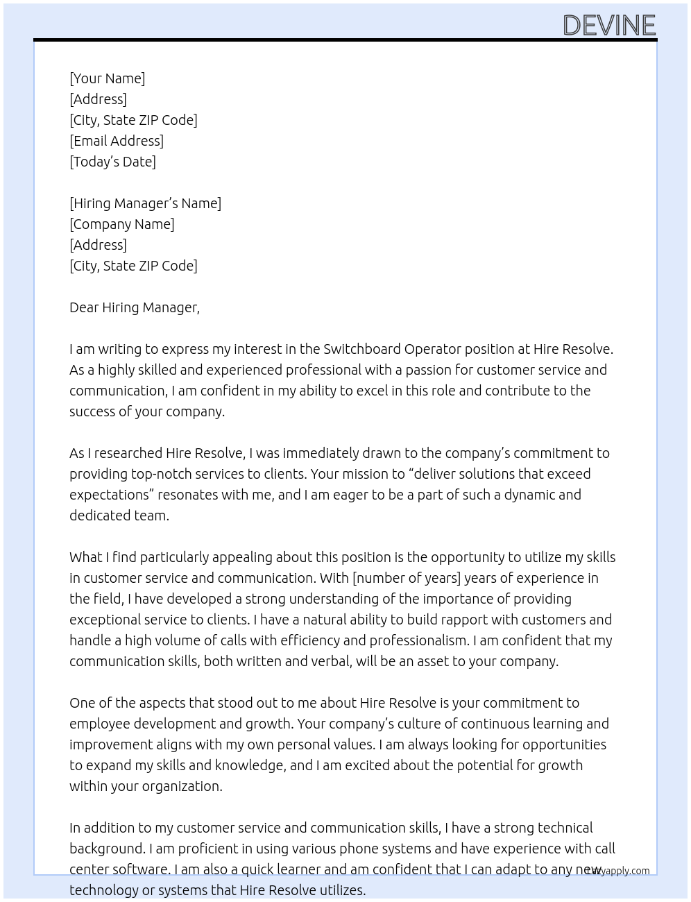 SWITCHBOARD OPERATOR At HIRE RESOLVE Cover Letter