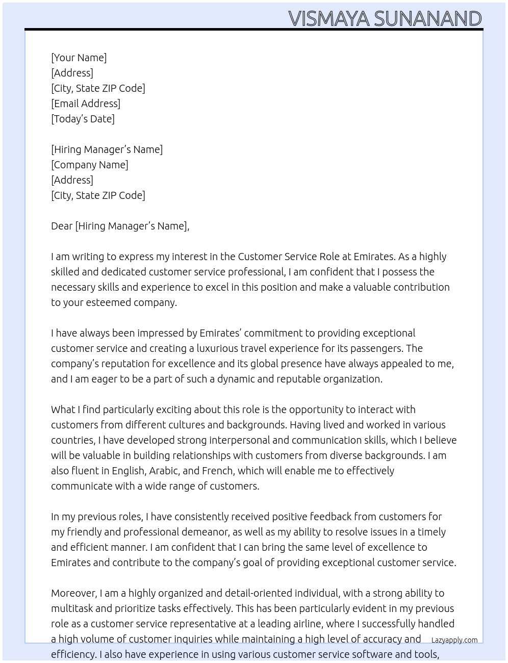 customer service role At emirates Cover Letter