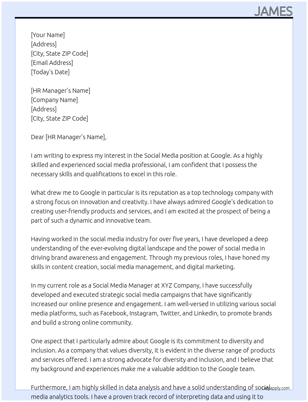 social media At google  Cover Letter