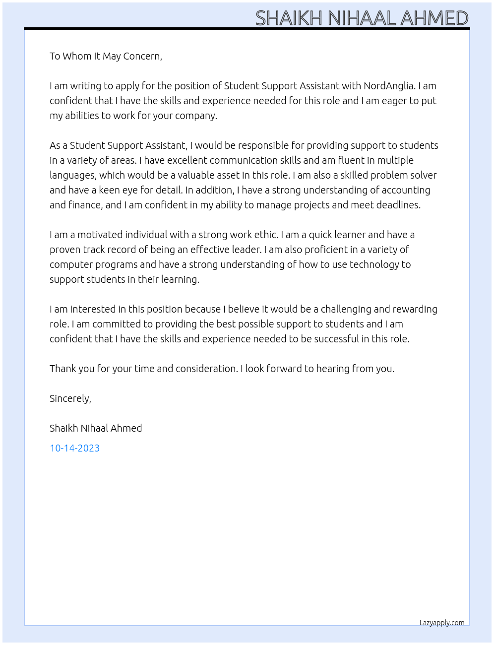 Student Support Assistant At NordAnglia Cover Letter