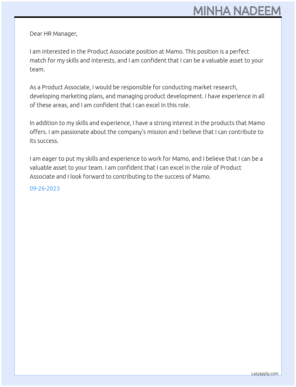 Product Associate At Mamo Cover Letter