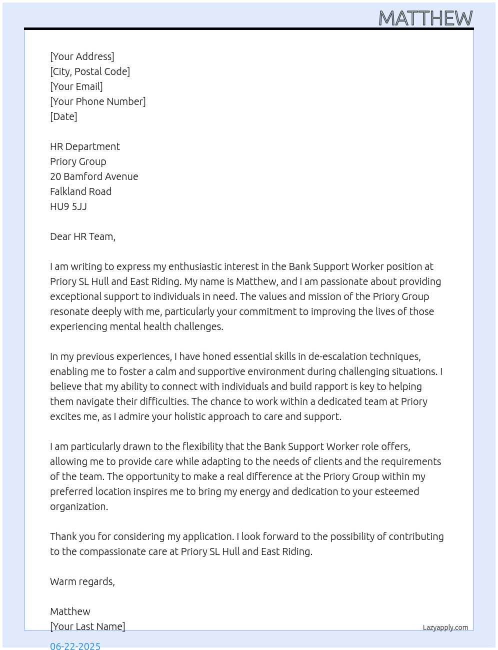 support worker At Priory group Cover Letter